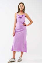 Satin Midi Dress with Cowl Neck in Lilac