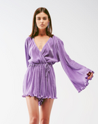 Satin Wrap Deatil Pleated Romper in Lilac