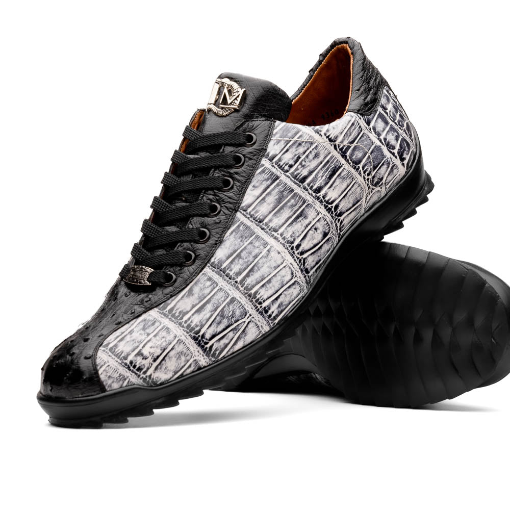 Saulo Alligator and Ostrich Quill Sneaker | Newspaper/Black