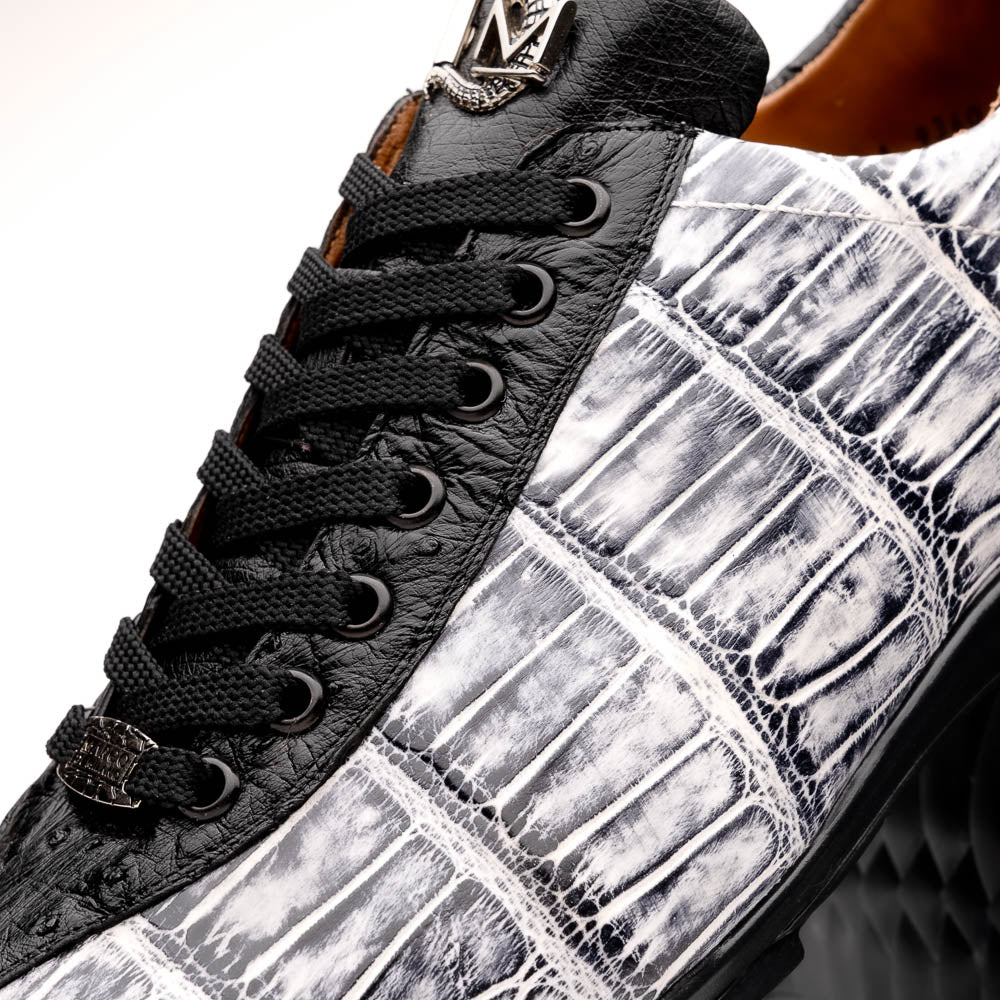 Saulo Alligator and Ostrich Quill Sneaker | Newspaper/Black