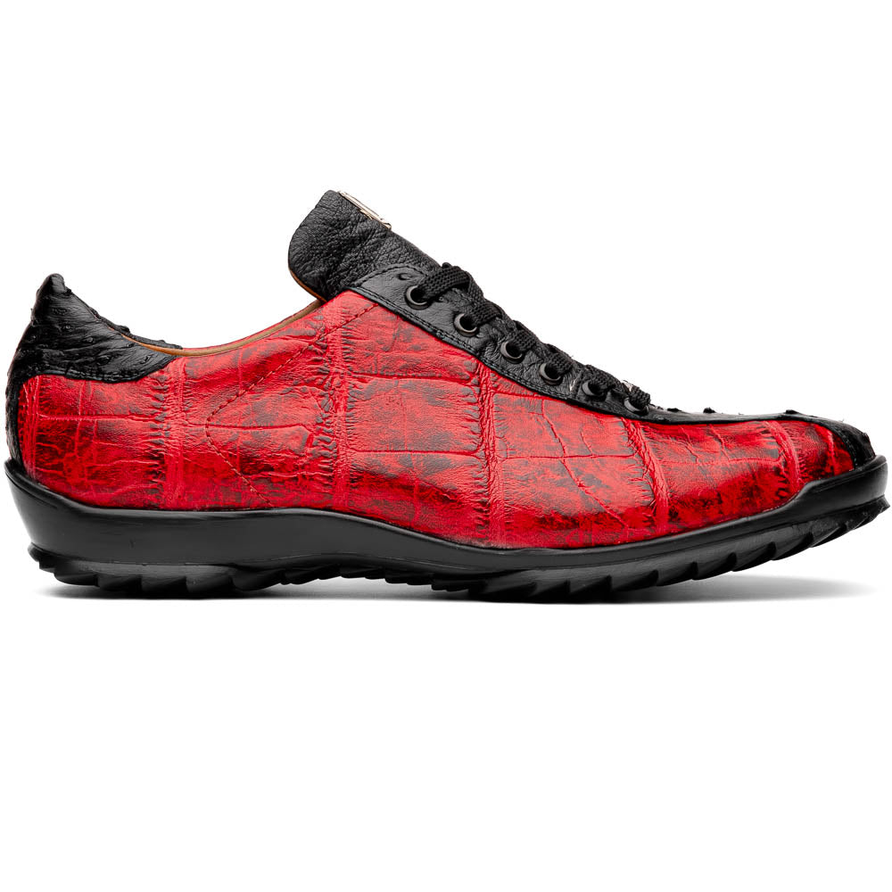 Saulo Alligator and Ostrich Quill City Sneaker | Black/Cherry