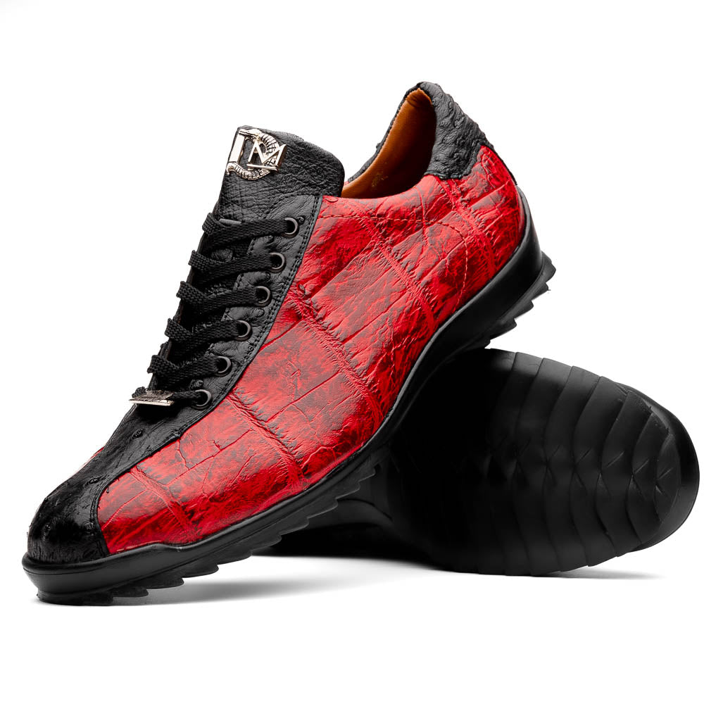 Saulo Alligator and Ostrich Quill City Sneaker | Black/Cherry
