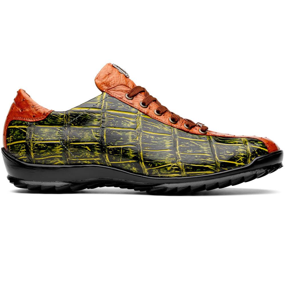 Saulo Alligator and Ostrich Quill Sneaker | Green/Cognac
