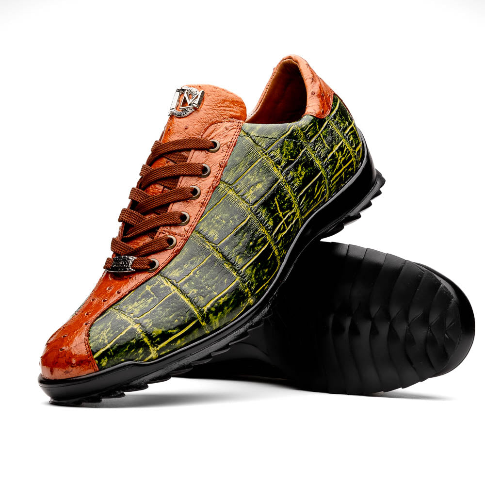 Saulo Alligator and Ostrich Quill Sneaker | Green/Cognac