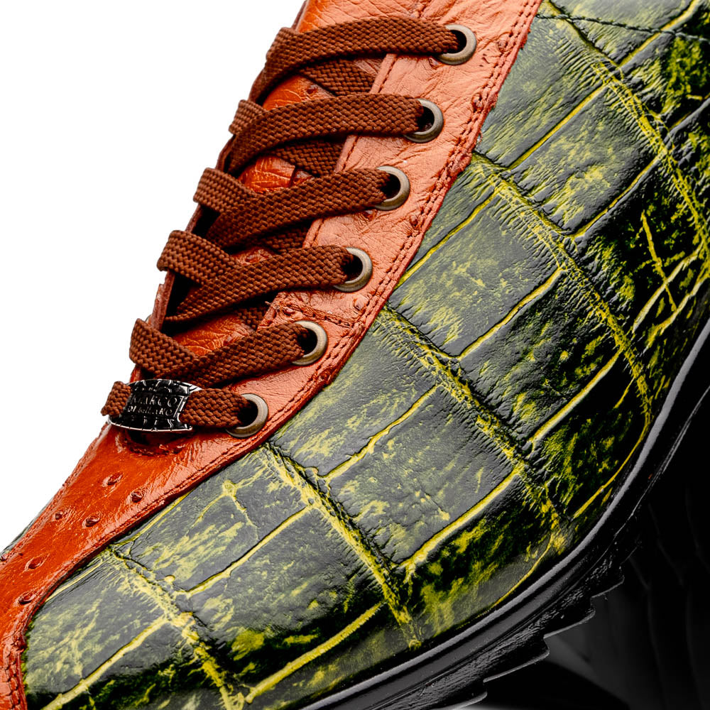 Saulo Alligator and Ostrich Quill Sneaker | Green/Cognac