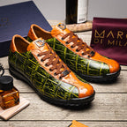 Saulo Alligator and Ostrich Quill Sneaker | Green/Cognac