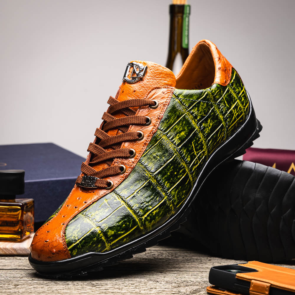 Saulo Alligator and Ostrich Quill Sneaker | Green/Cognac