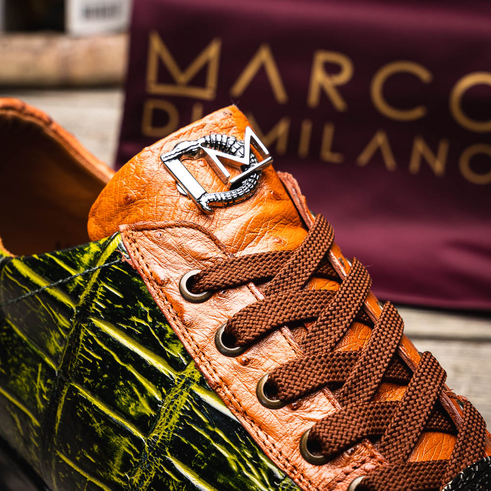 Saulo Alligator and Ostrich Quill Sneaker | Green/Cognac