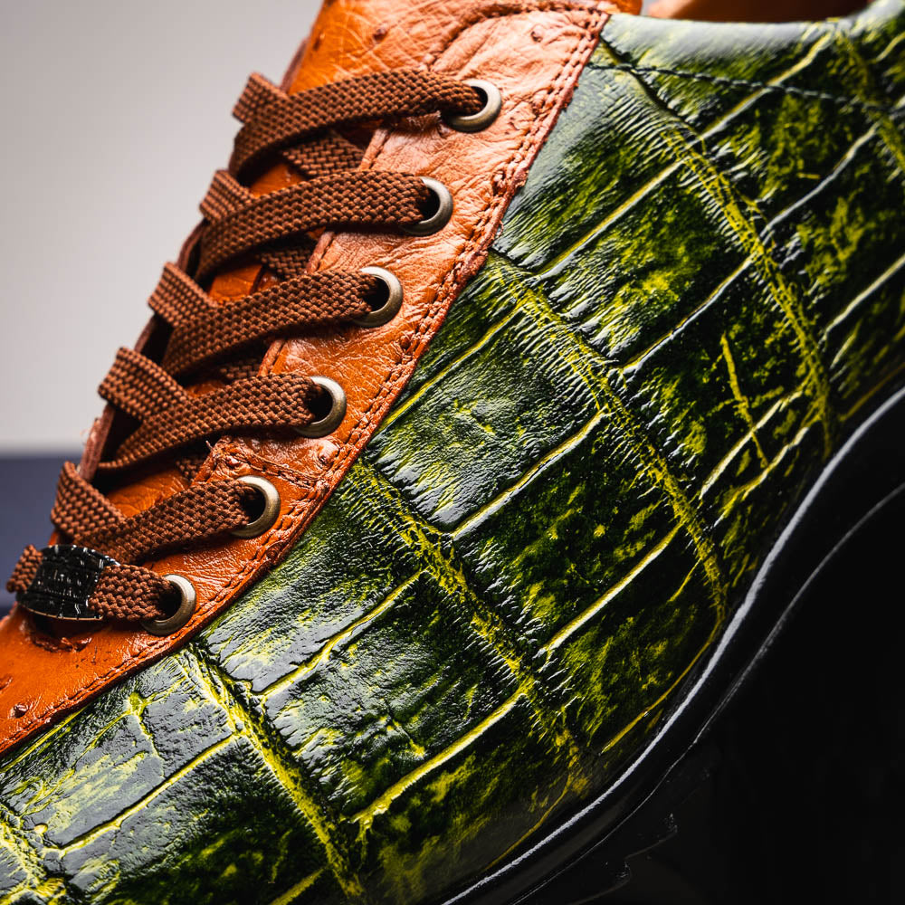 Saulo Alligator and Ostrich Quill Sneaker | Green/Cognac