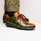 Saulo Alligator and Ostrich Quill Sneaker | Green/Cognac