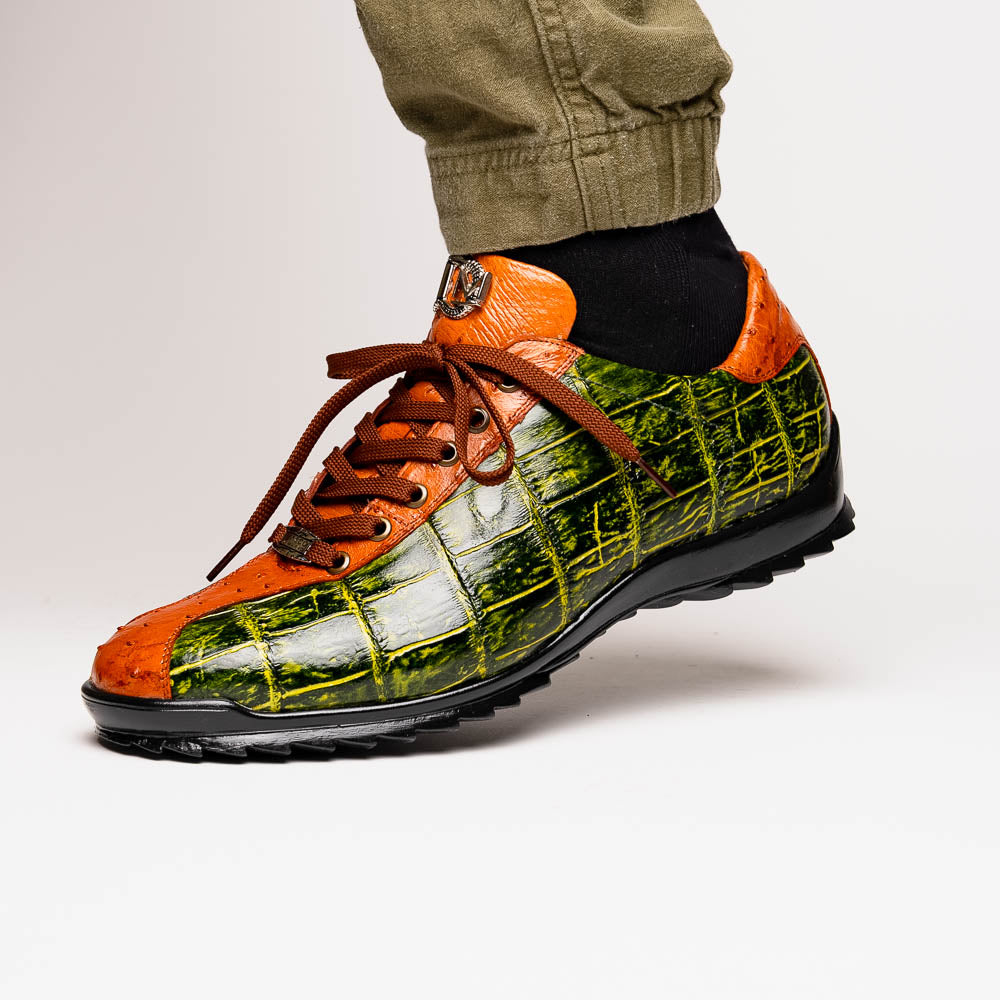 Saulo Alligator and Ostrich Quill Sneaker | Green/Cognac