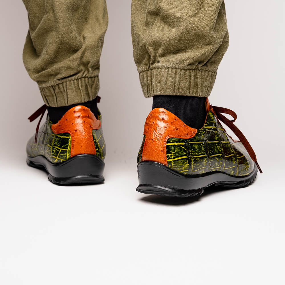 Saulo Alligator and Ostrich Quill Sneaker | Green/Cognac