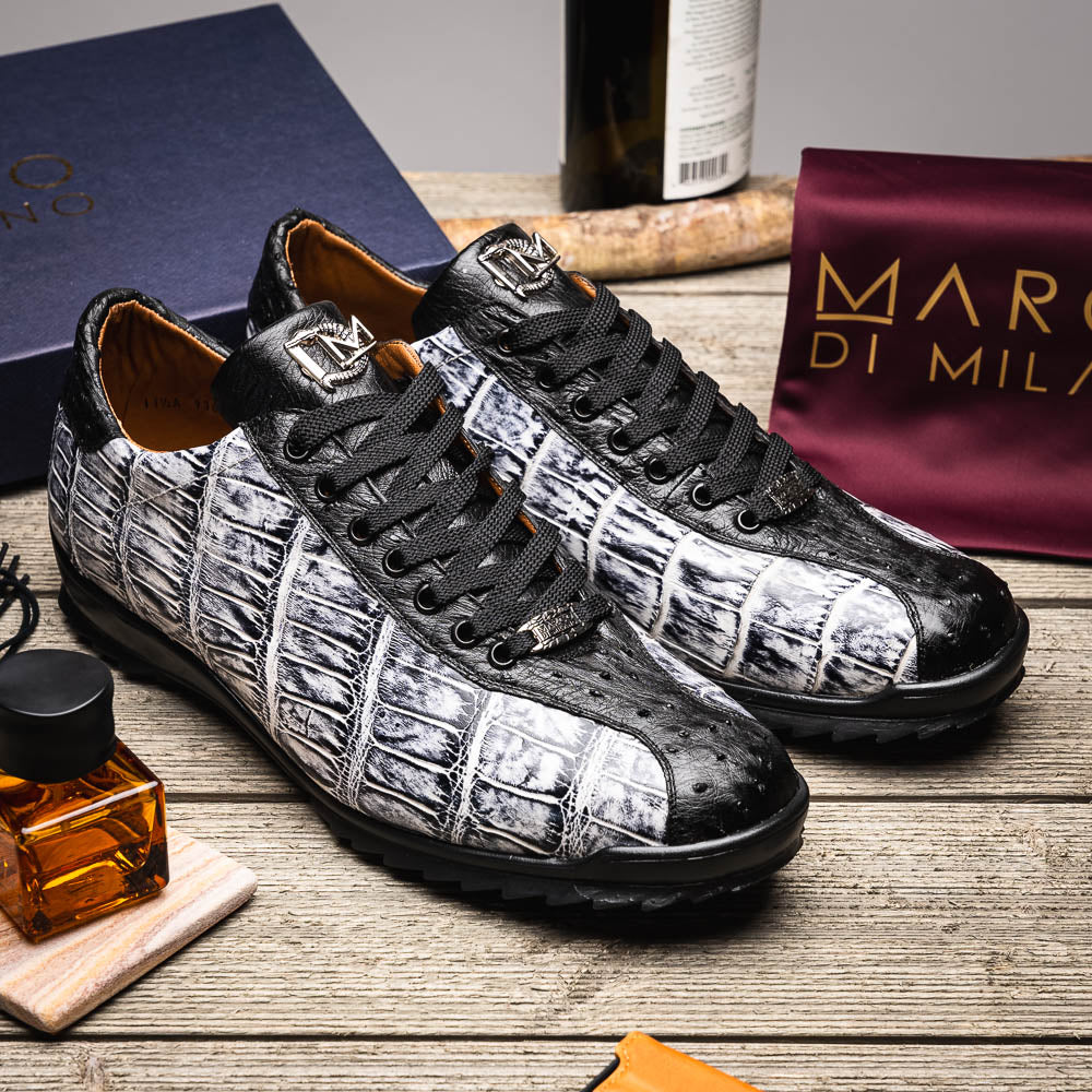 Saulo Alligator and Ostrich Quill Sneaker | Newspaper/Black
