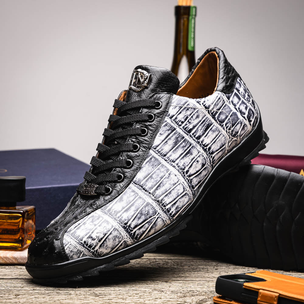 Saulo Alligator and Ostrich Quill Sneaker | Newspaper/Black