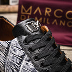 Saulo Alligator and Ostrich Quill Sneaker | Newspaper/Black