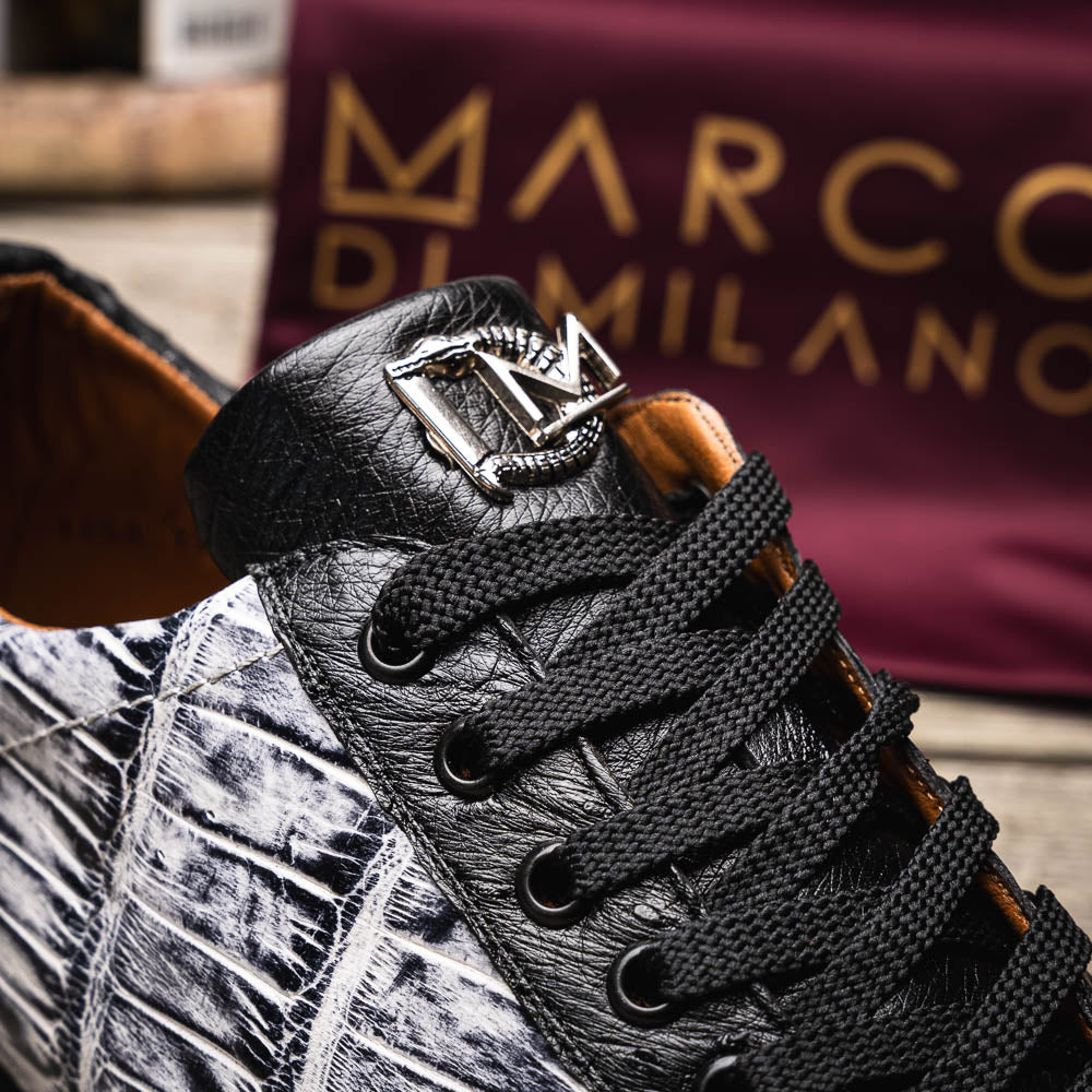 Saulo Alligator and Ostrich Quill Sneaker | Newspaper/Black