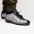 Saulo Alligator and Ostrich Quill Sneaker | Newspaper/Black
