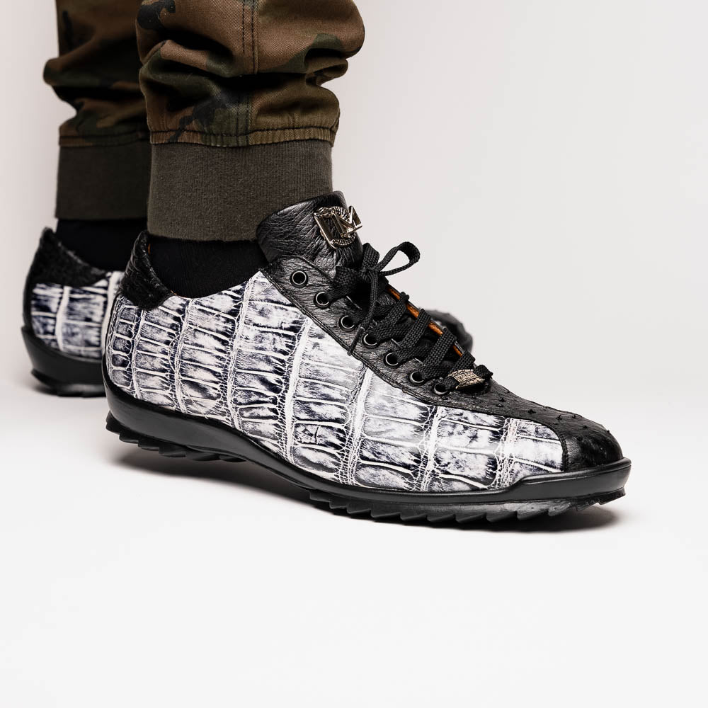 Saulo Alligator and Ostrich Quill Sneaker | Newspaper/Black