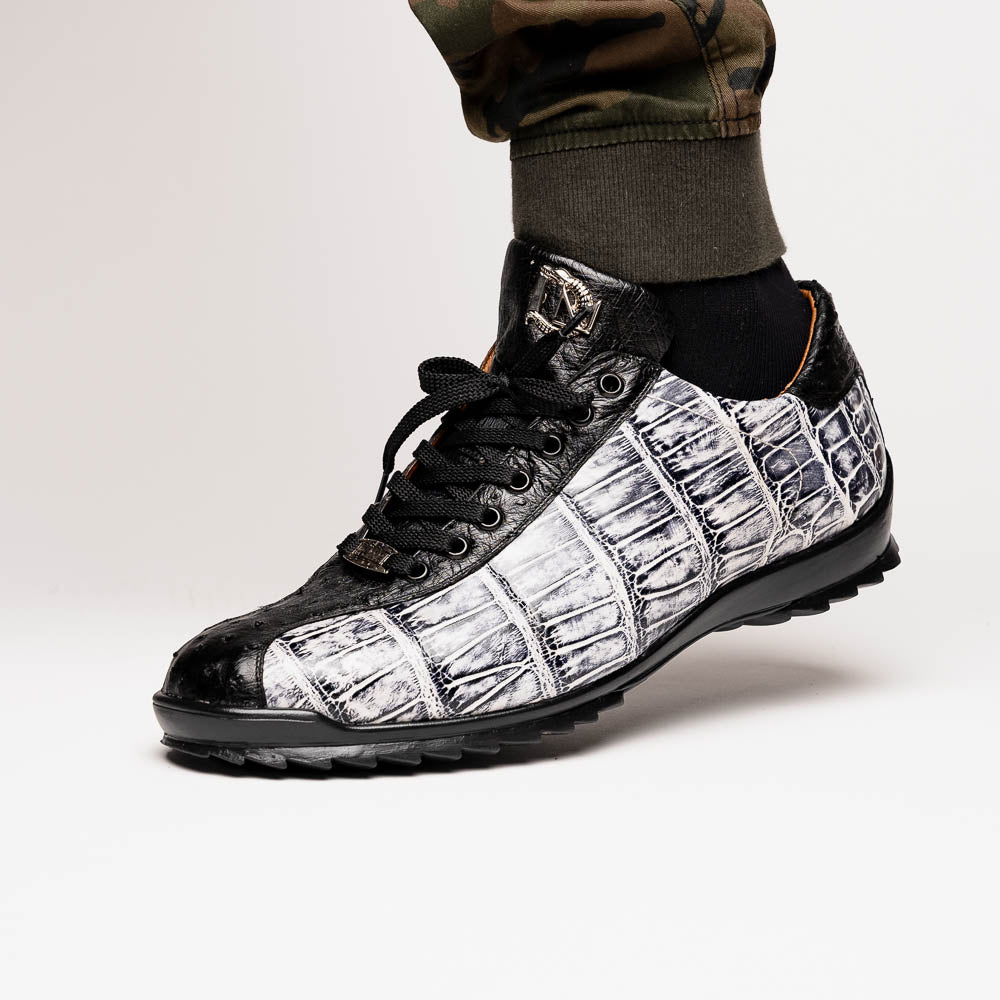 Saulo Alligator and Ostrich Quill Sneaker | Newspaper/Black