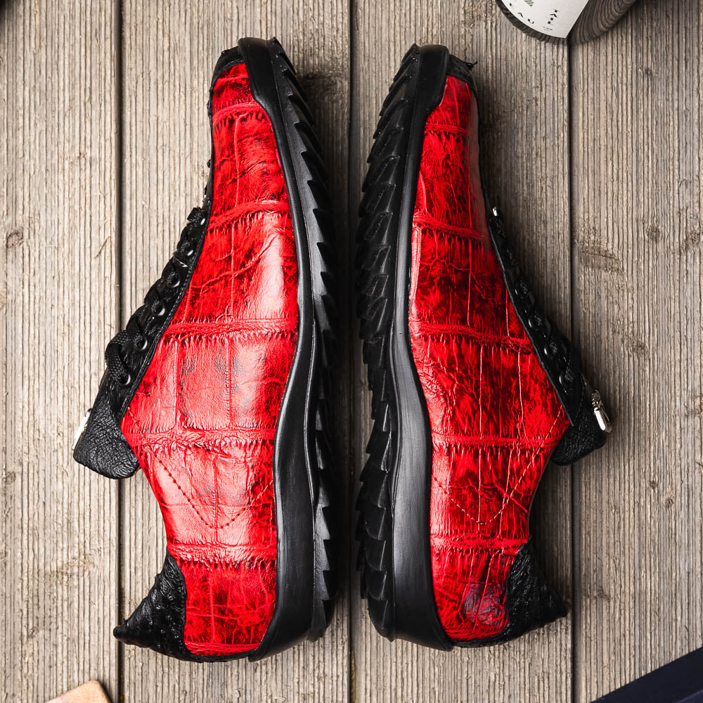 Saulo Alligator and Ostrich Quill City Sneaker | Black/Cherry