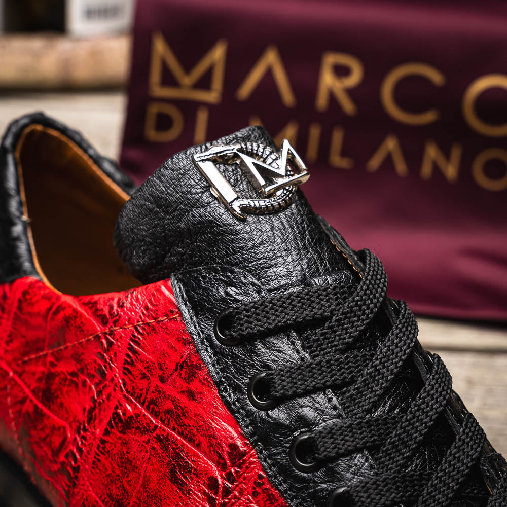 Saulo Alligator and Ostrich Quill City Sneaker | Black/Cherry