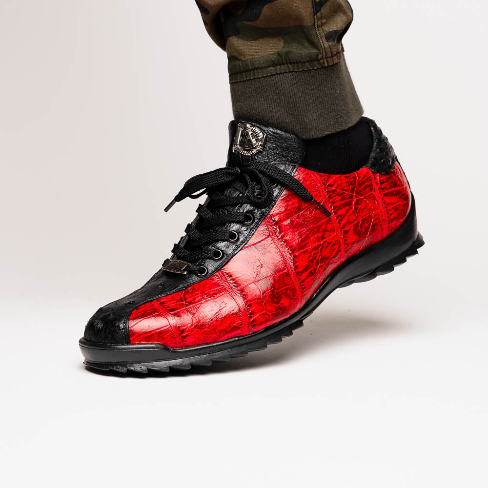 Saulo Alligator and Ostrich Quill City Sneaker | Black/Cherry