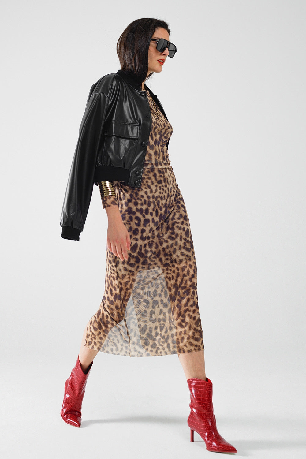 Sheer Long Sleeve Leopard Print Bodycon Midi Dress – Une Pick
