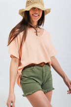 Short Sleeve Jumper in V-Neck in Pink