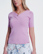 Short Sleeve Pink Sweater with V-Neck