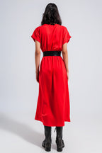 Short Sleeve Satin Maxi Dress in Red