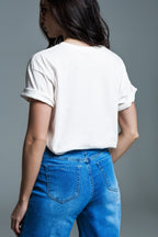 Short Sleeve T-Shirt with Graphic Peace Sign Design at the Front in Cream