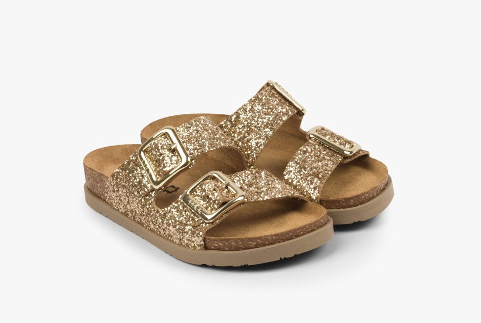 Siena II by LEON Women’s Leather Sandal | Glitter Double Buckle Slip-On