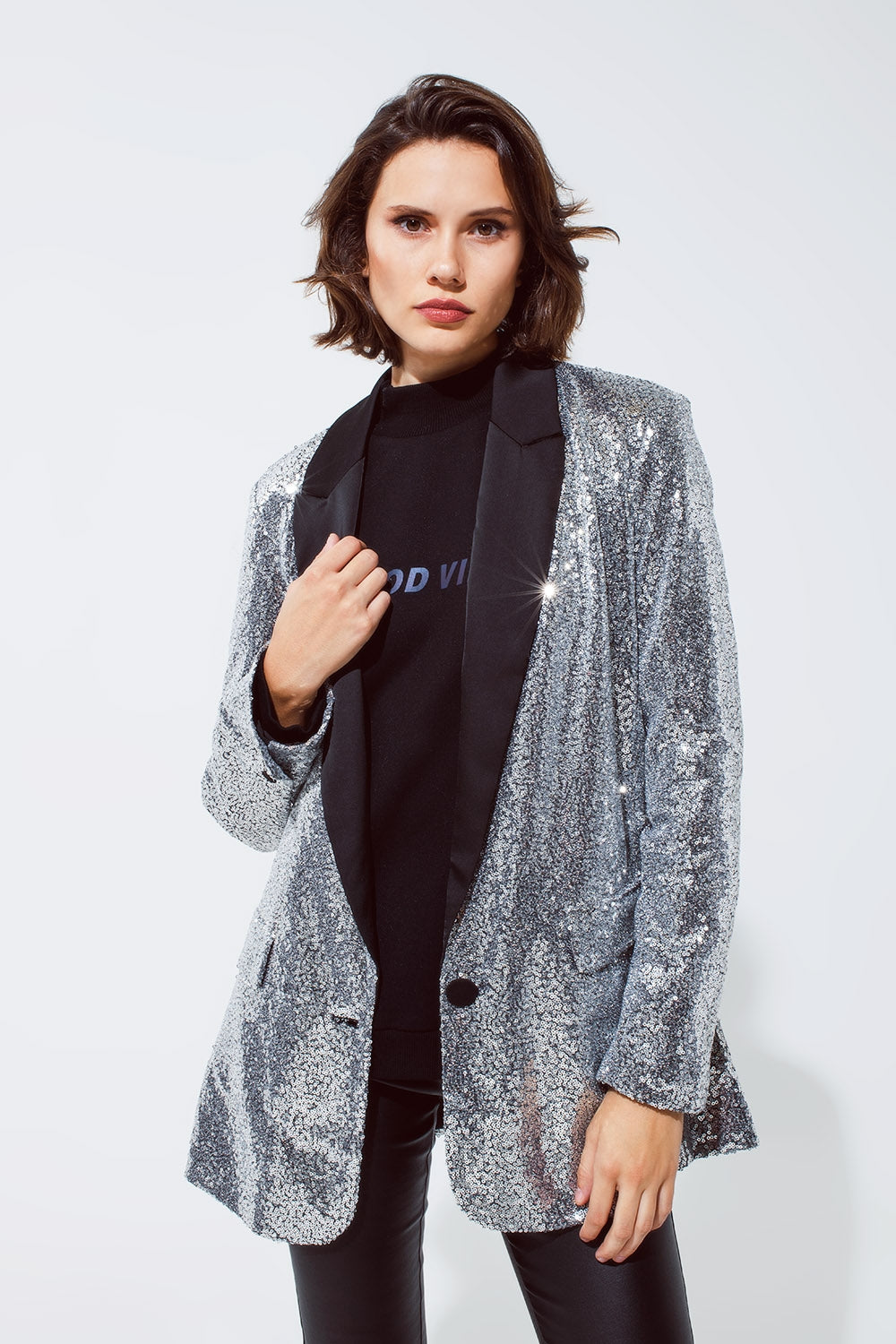 Silver Sequin Tuxedo Blazer with Satin Black Lapels