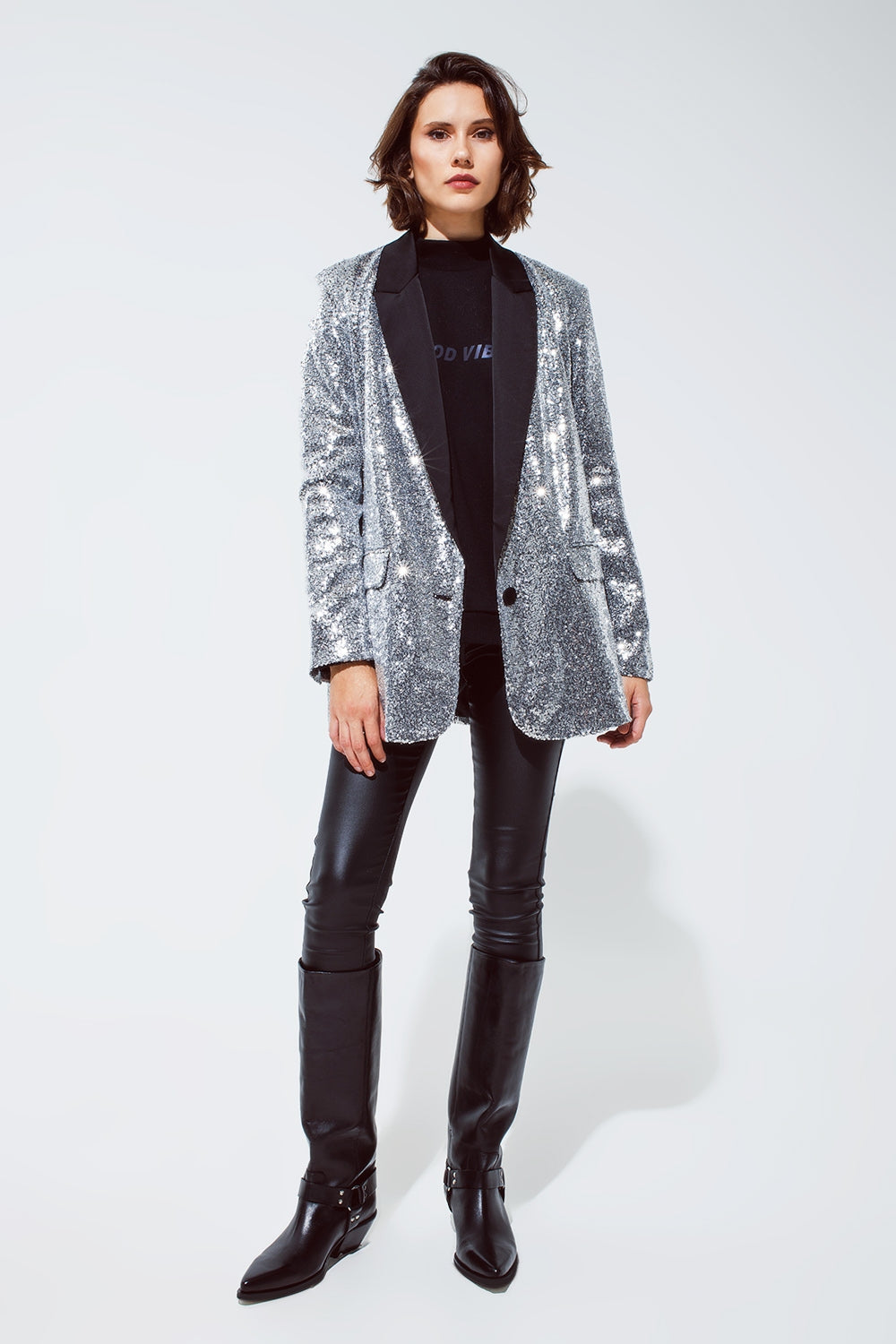Silver Sequin Tuxedo Blazer with Satin Black Lapels