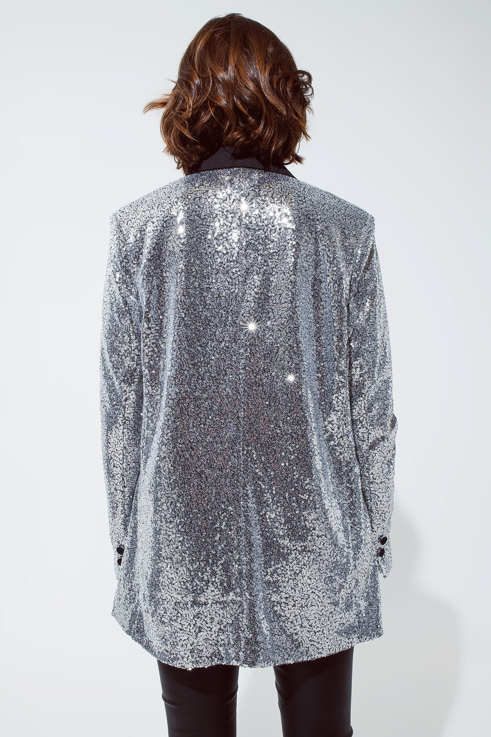 Silver Sequin Tuxedo Blazer with Satin Black Lapels