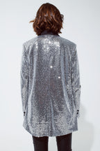 Silver Sequin Tuxedo Blazer with Satin Black Lapels