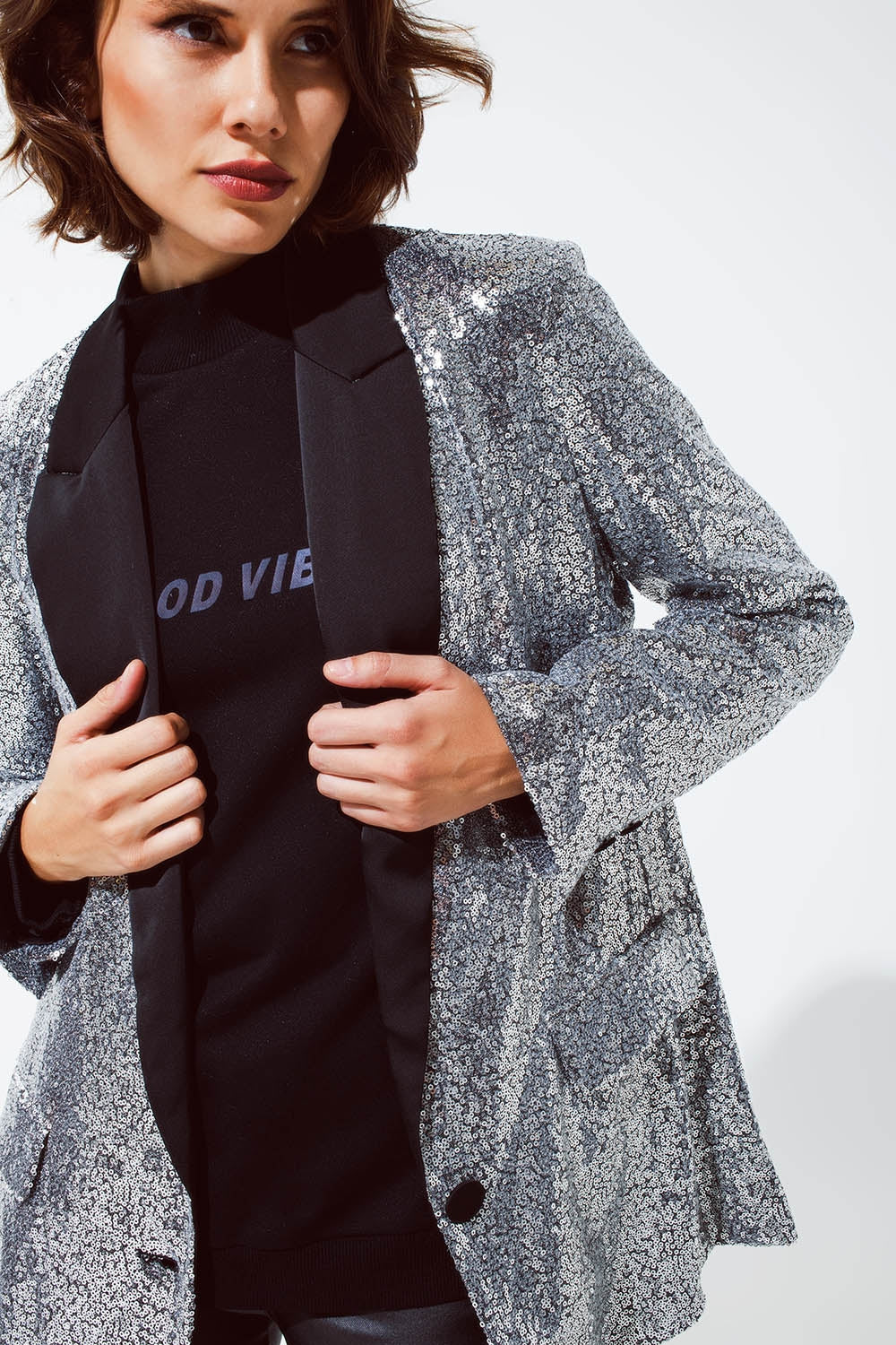 Silver Sequin Tuxedo Blazer with Satin Black Lapels