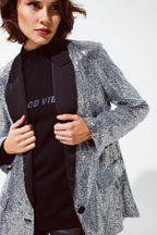 Silver Sequin Tuxedo Blazer with Satin Black Lapels