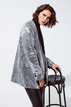 Silver Sequin Tuxedo Blazer with Satin Black Lapels