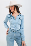 Skinny Fit Western Denim Shirt in Light Wash Blue