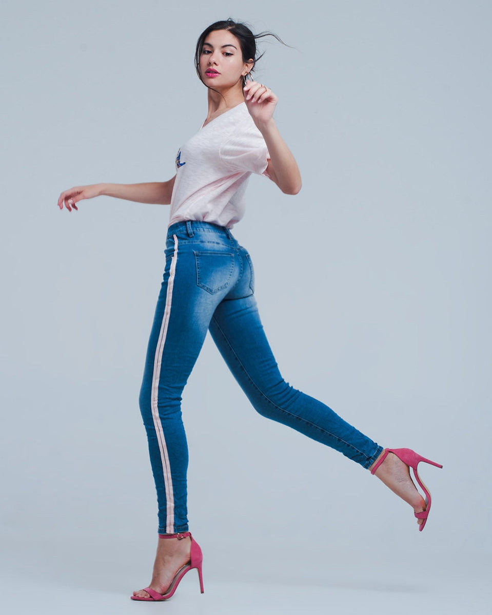 Skinny Jeans with Side Seam Stripes