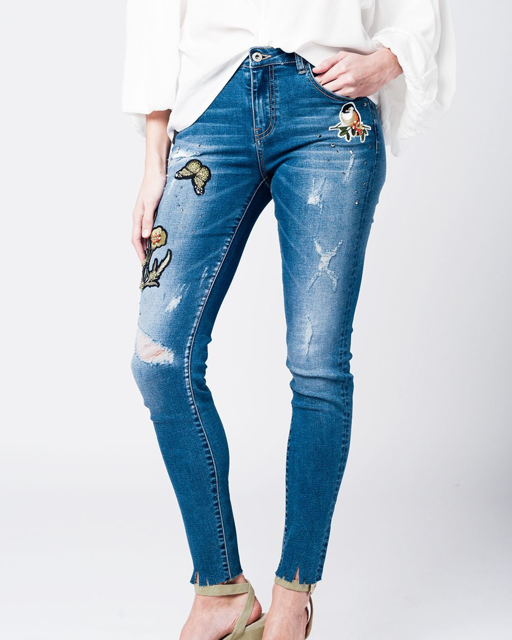 Skinny Rip Jeans with Embroidered Patches