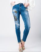 Skinny Rip Jeans with Embroidered Patches