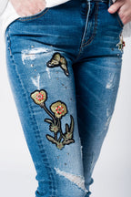 Skinny Rip Jeans with Embroidered Patches