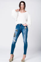 Skinny Rip Jeans with Embroidered Patches