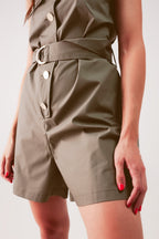 Sleeveless Belted Jumpsuit in Khaki