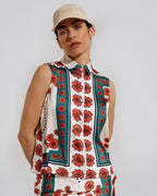 Sleeveless Creme Shirt with Floral Design