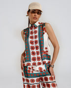 Sleeveless Creme Shirt with Floral Design