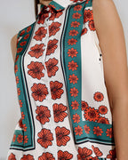 Sleeveless Creme Shirt with Floral Design
