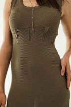 Sleeveless Khaki Knit Midi Dress with Round Neck